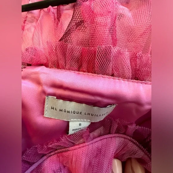 ML Monique Lhuillier Pleated Printed Tulle Midi Dress Women Size 8 - Picture 11 of 14